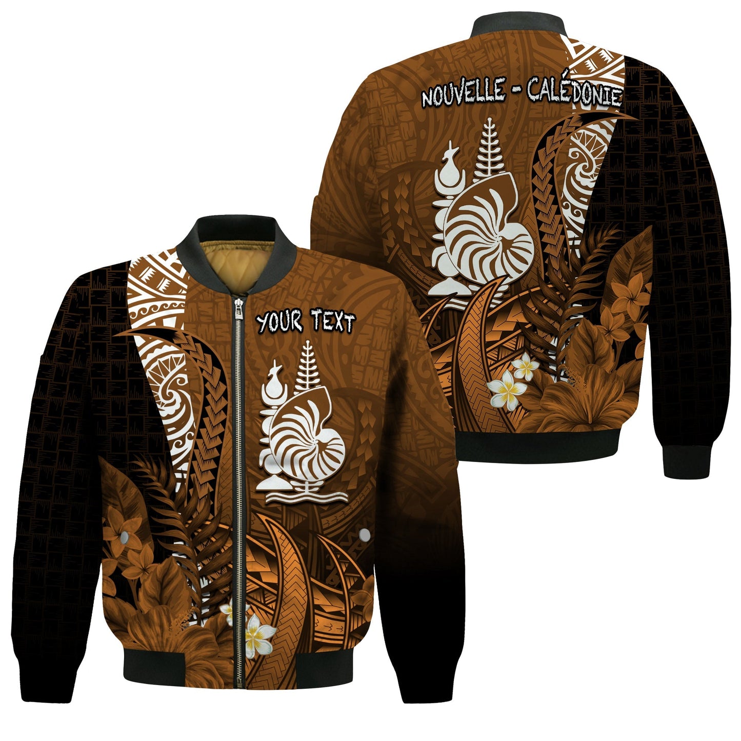 (Custom Personalised) New Caledonia Bomber Jacket Nautilus Gold Polynesian Hibiscus