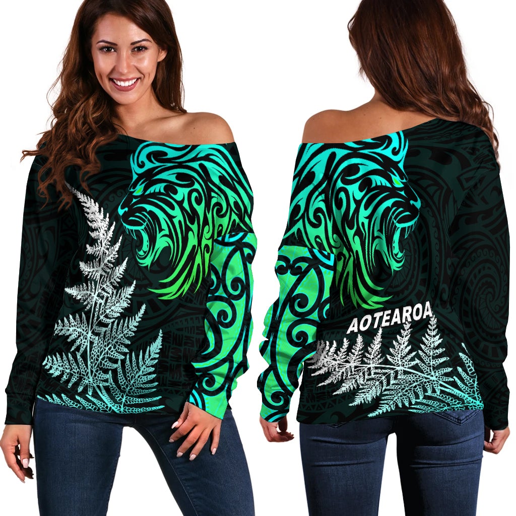 Lion Maori Off Shoulder Sweater Aotearoa mix Silver Fern Version Blue