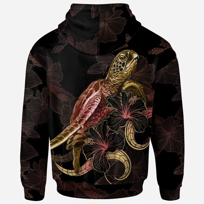 New Caledonia Polynesian Hoodie Turtle With Blooming Hibiscus Gold
