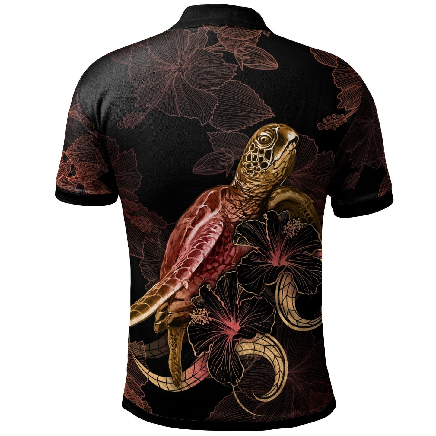 FiJi Polynesian Polo Shirt - Turtle With Blooming Hibiscus Gold