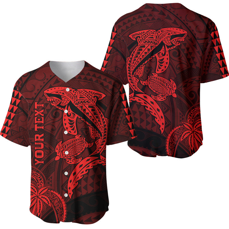 (Custom Personalised) Hawaii Baseball Jersey Shark and Turtle Mix Kakau Red
