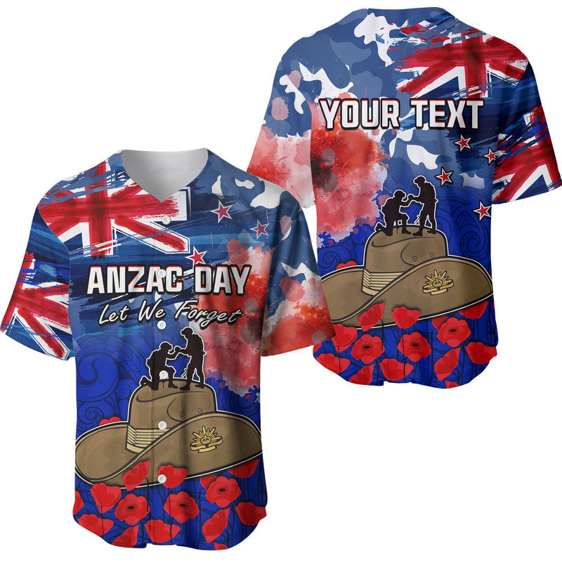 (Custom Personalised) New Zealand ANZAC Day Baseball Jersey Grunge Aotearoa Flag and Red Poppy