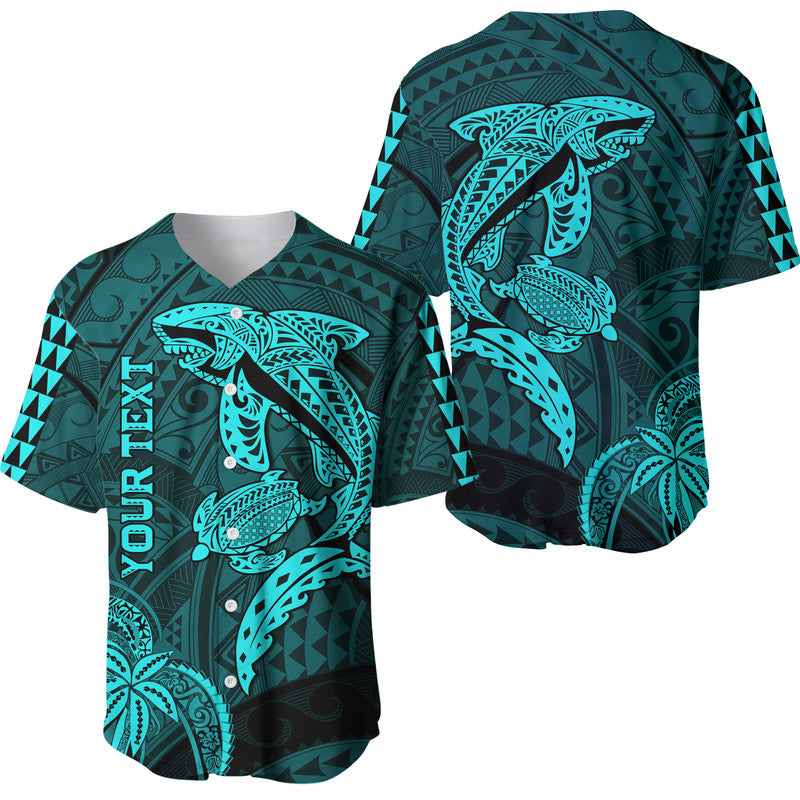 (Custom Personalised) Hawaii Baseball Jersey Shark and Turtle Mix Kakau Turquoise