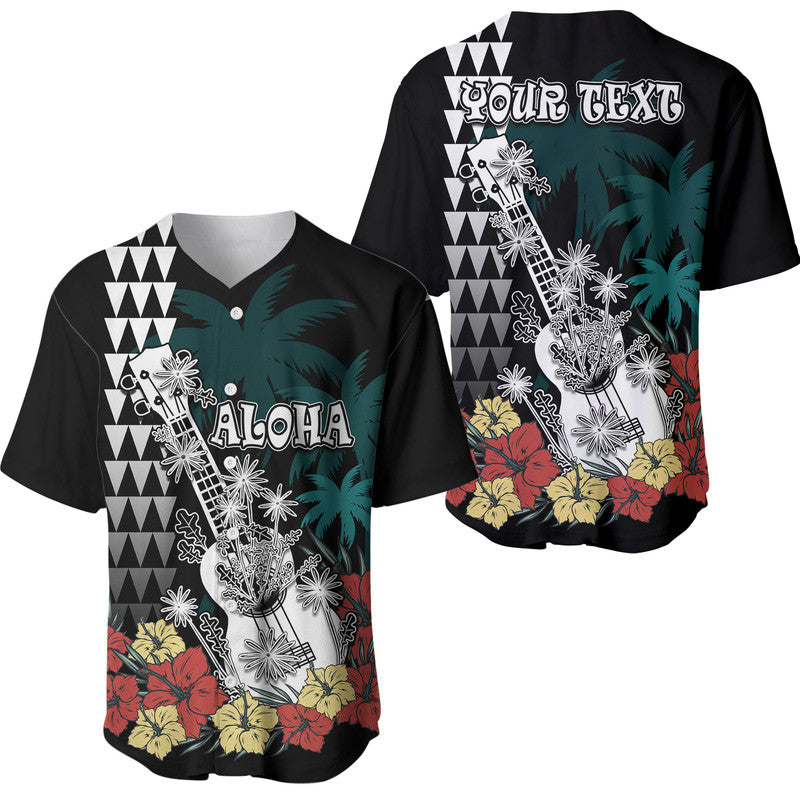 (Custom Personalised) Hawaii Ukulele Mix Hibiscus and Coconut Tree Baseball Jersey Aloha Vintage Black Version