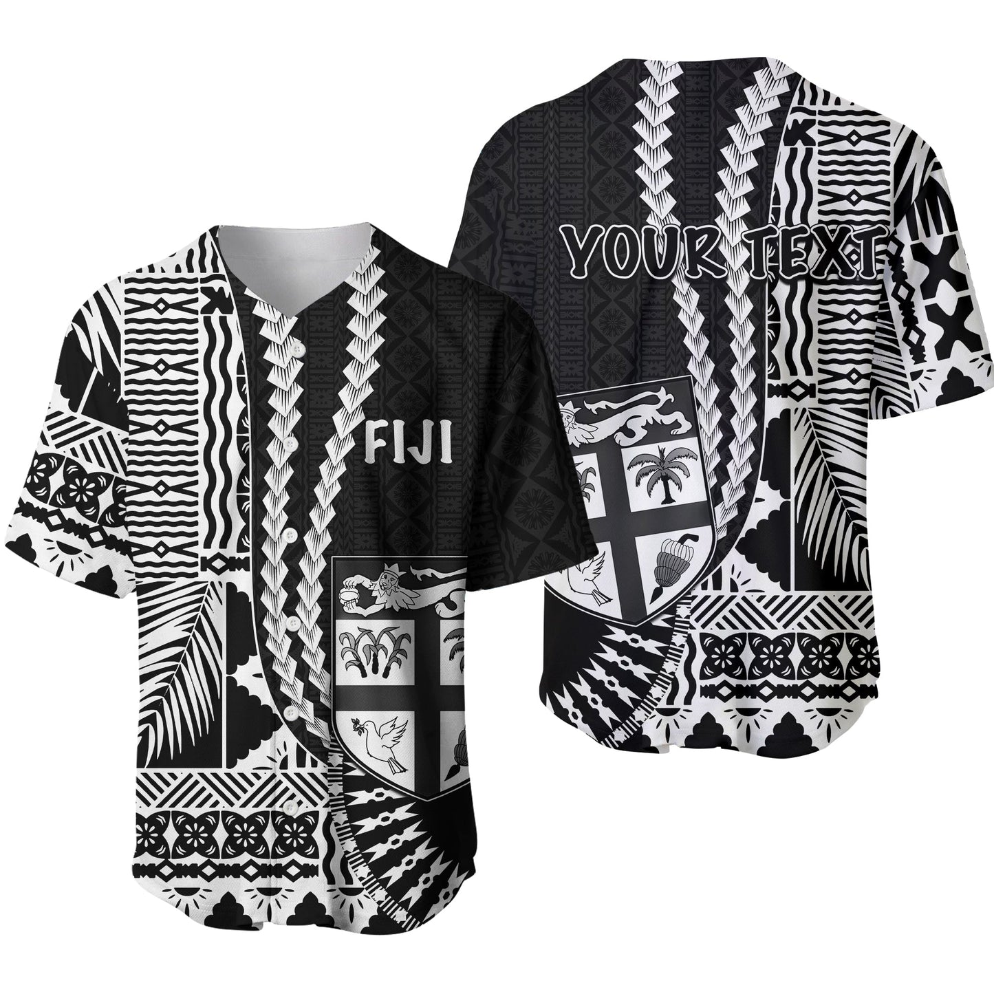(Custom Personalised) Fiji Basebal Jersey Masi Tapa Patterns Black Style