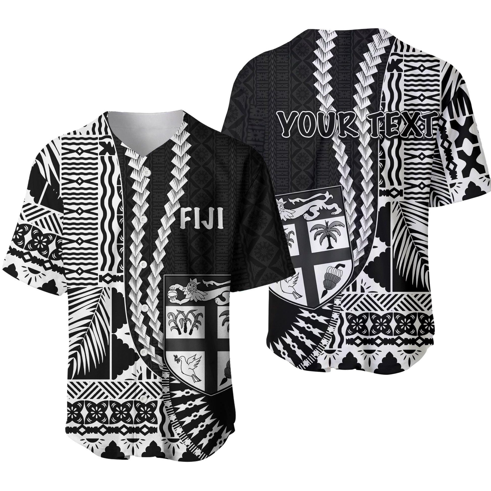 (Custom Personalised) Fiji Basebal Jersey Masi Tapa Patterns Black Style