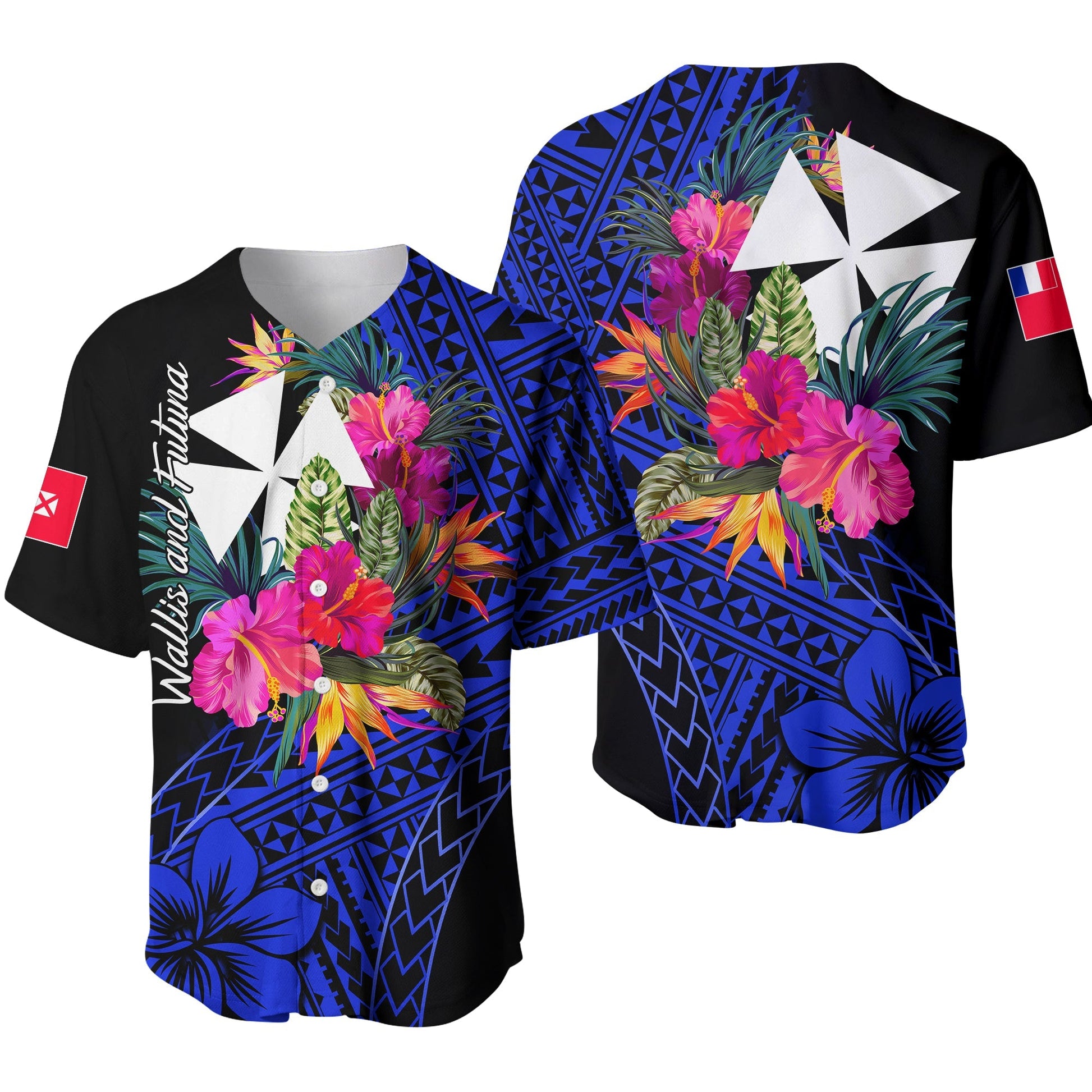 Wallis and Futuna Baseball Jersey Hibiscus Blue No.1 Color