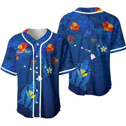(Custom Personalised) Hawaiian Islands Baseball Jersey Hawaii Tropical Flowers and Turtles Blue