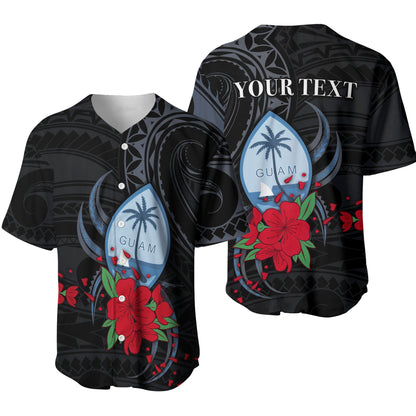 (Custom Personalised) Guam Baseball Jersey Polynesian Flowers Version Black