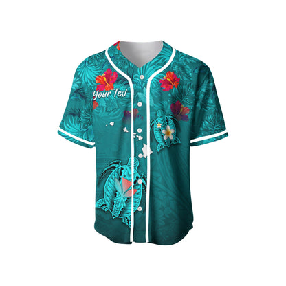 (Custom Personalised) Hawaiian Islands Baseball Jersey Hawaii Tropical Flowers and Turtles Turquoise