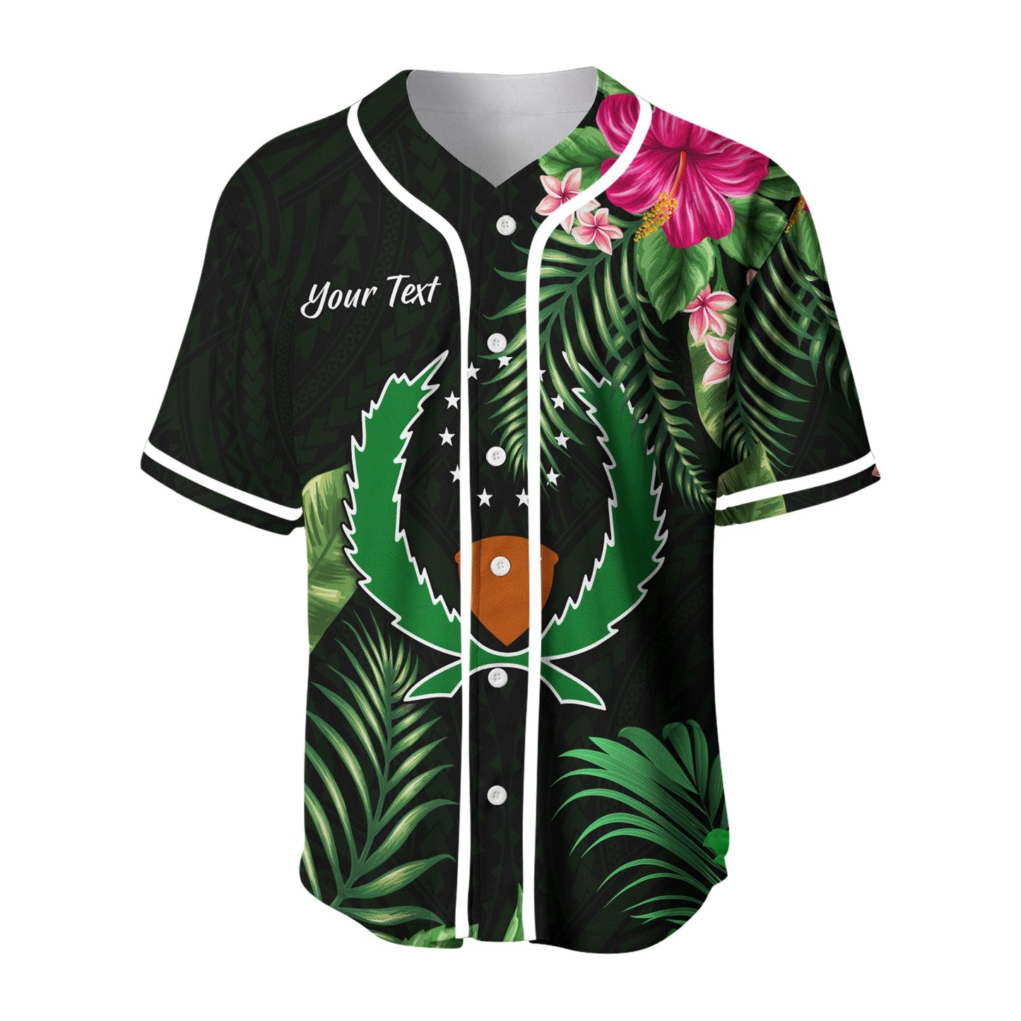 (Custom Personalised) Pohnpei Micronesia Green Baseball Jersey Tropical Flowers Version 02