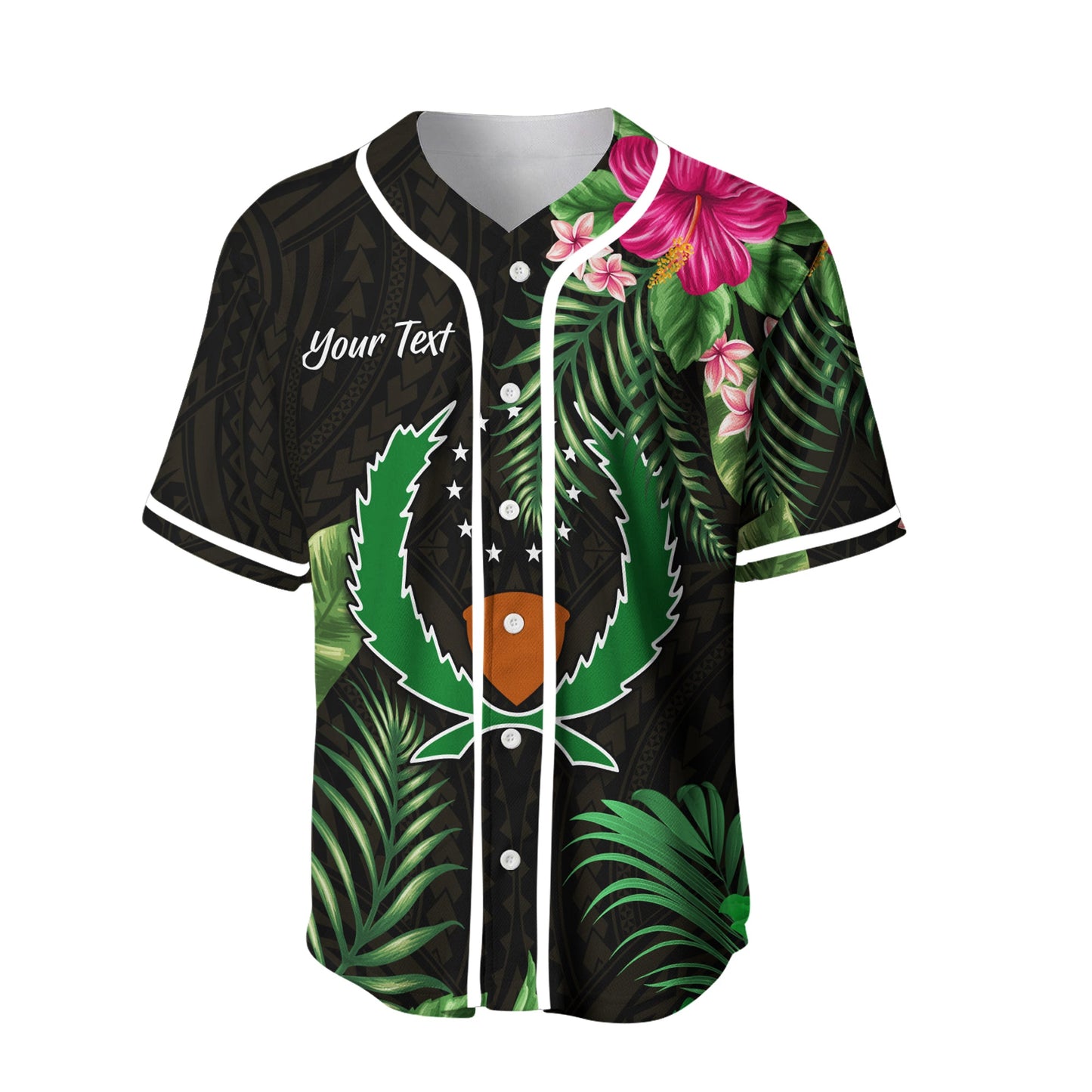 (Custom Personalised) Pohnpei Micronesia Gold Baseball Jersey Tropical Flowers Version 02