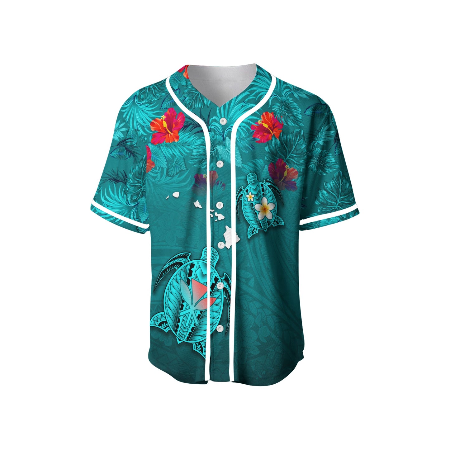 Hawaiian Islands Baseball Jersey Hawaii Tropical Flowers and Turtles Turquoise