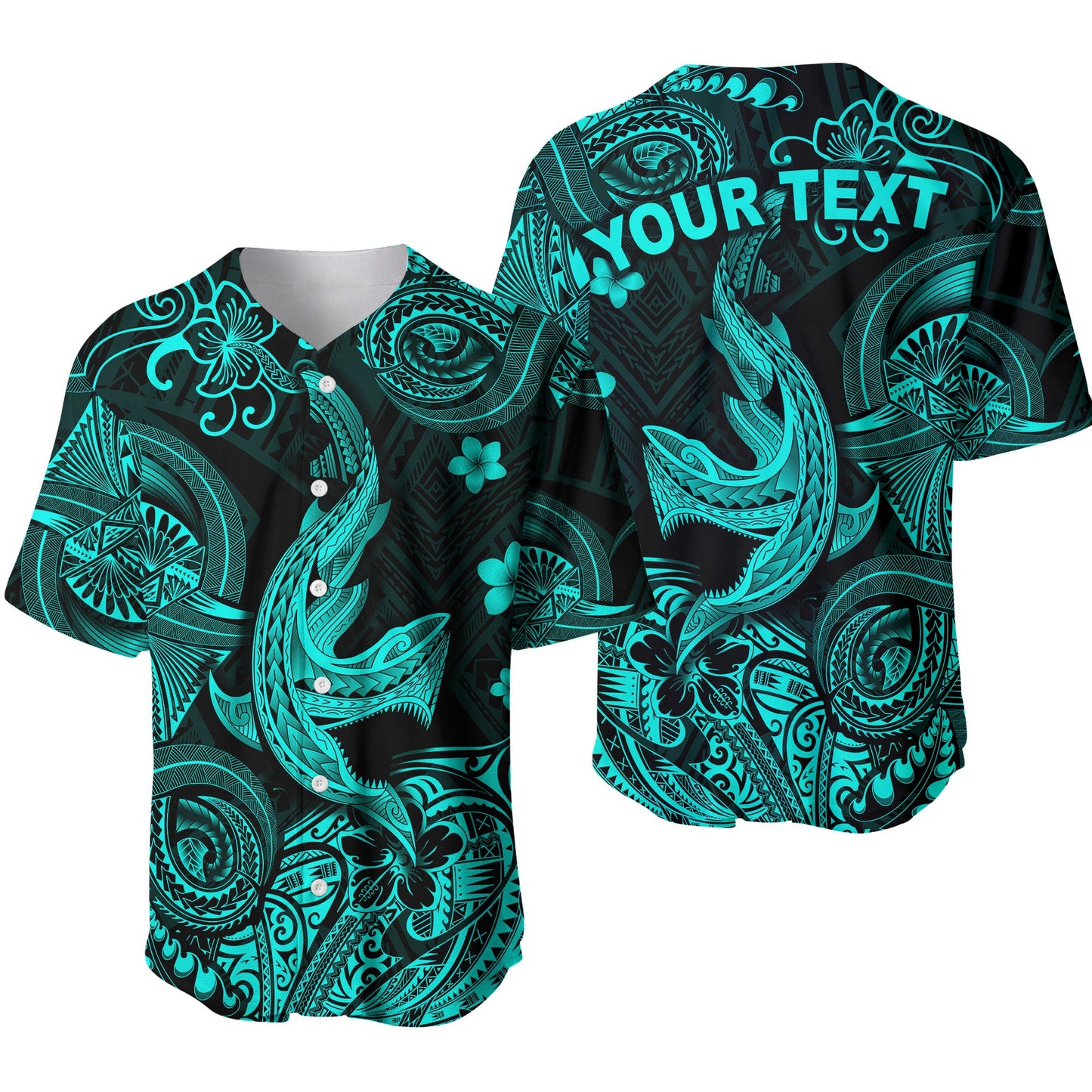 (Custom Personalised) Hawaii Angry Shark Polynesian Baseball Jersey Unique Style Turquoise