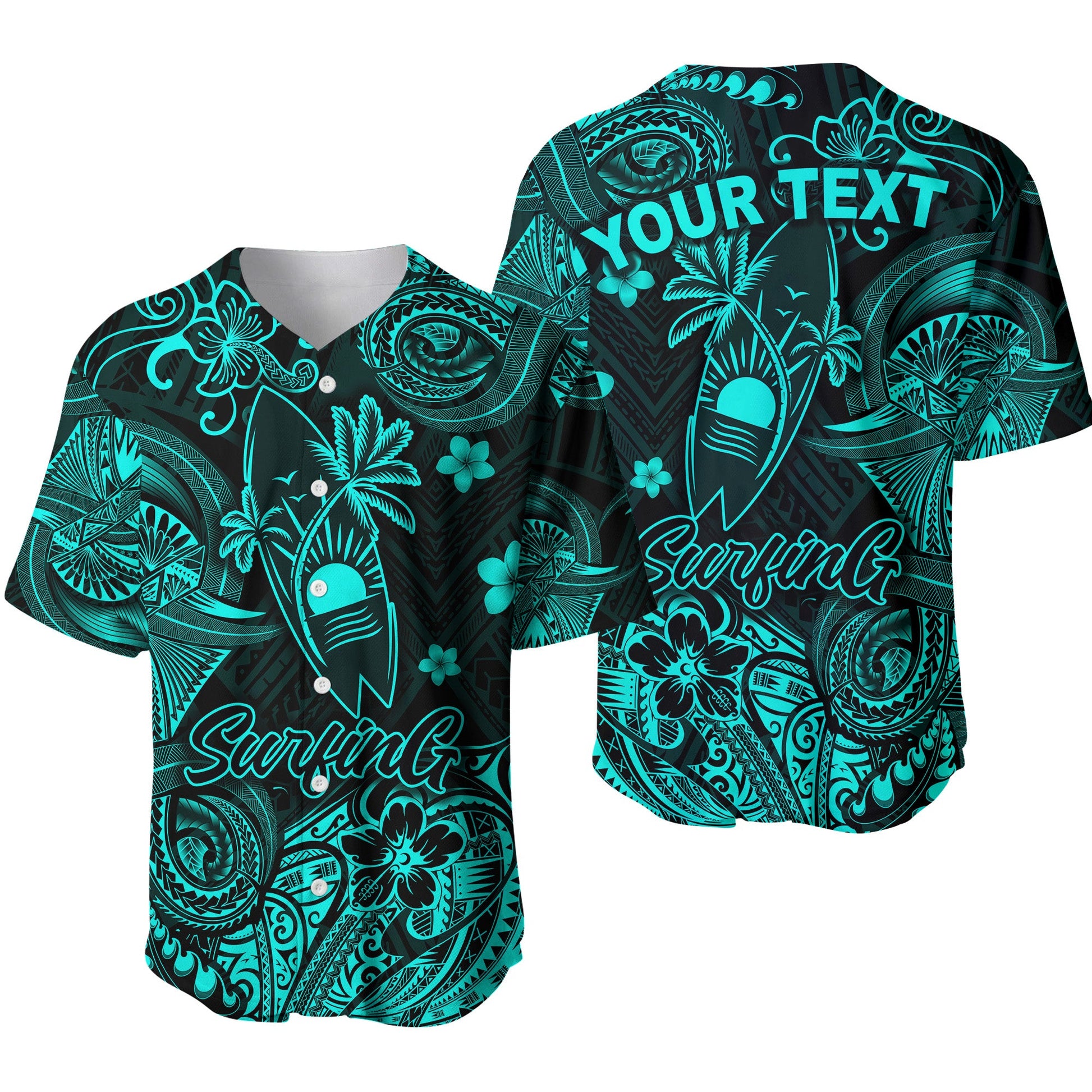 (Custom Personalised) Hawaii Surfing Polynesian Baseball Jersey Unique Style Turquoise