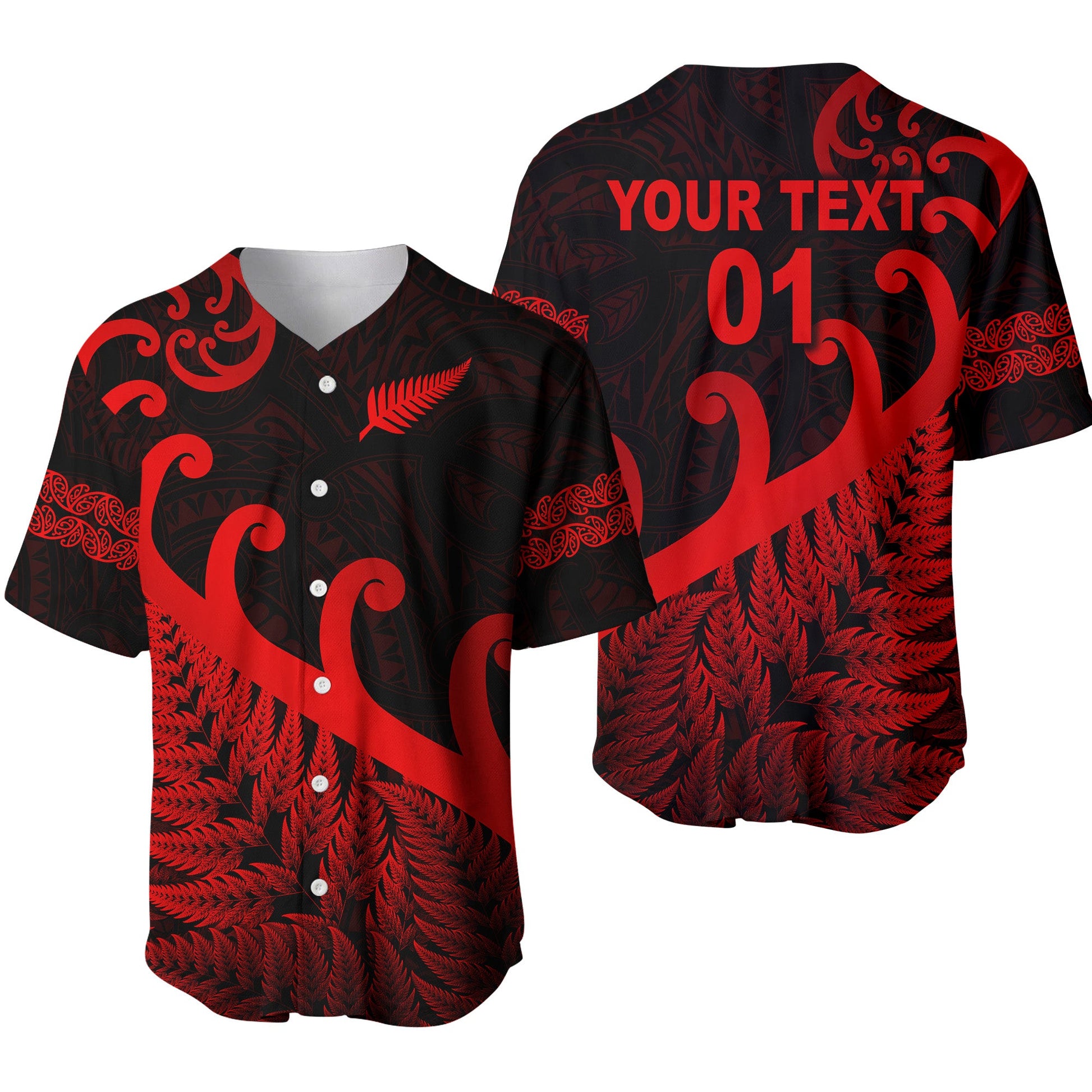 (Custom Personalised) New Zealand Rugby Maori Baseball Jersey Silver Fern Koru Vibes Red