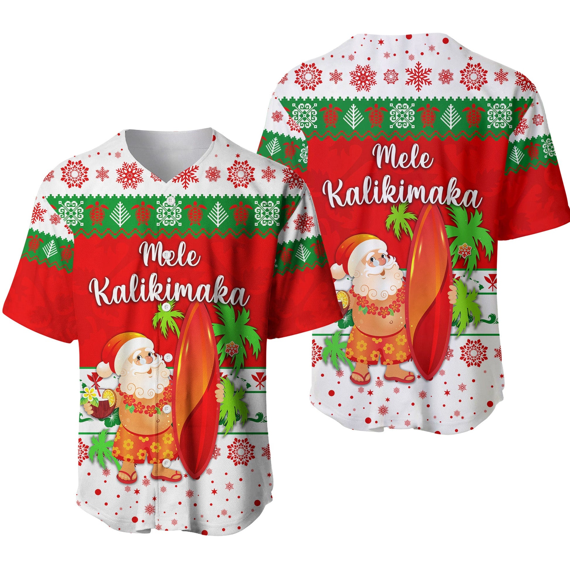 Hawaii Christmas Baseball Jersey Santa Claus Surfing Simple Style White