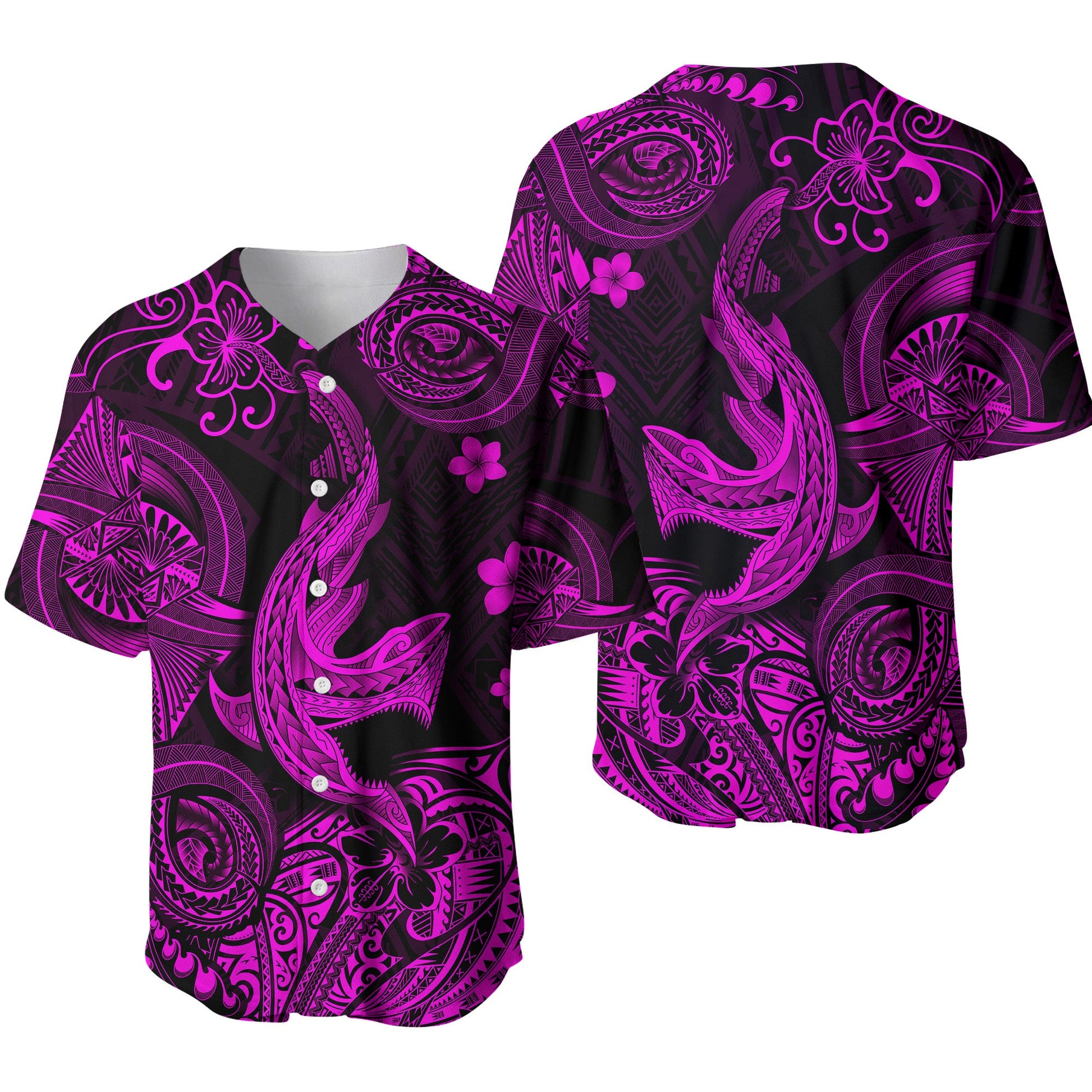 Hawaii Angry Shark Polynesian Baseball Jersey Unique Style Pink