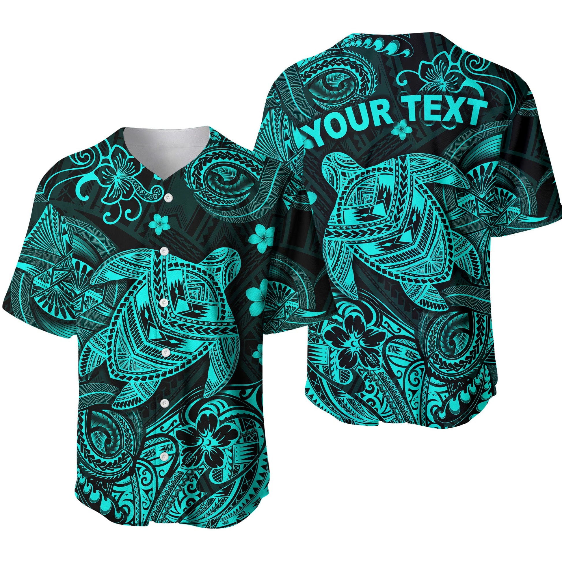 (Custom Personalised) Hawaii Turtle Polynesian Baseball Jersey Plumeria Flower Unique Style Turquoise