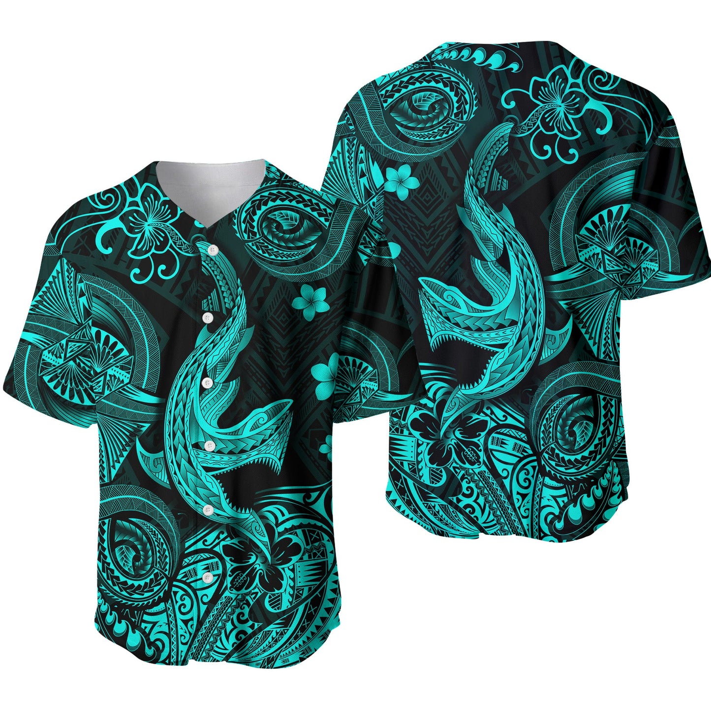 Hawaii Angry Shark Polynesian Baseball Jersey Unique Style Turquoise