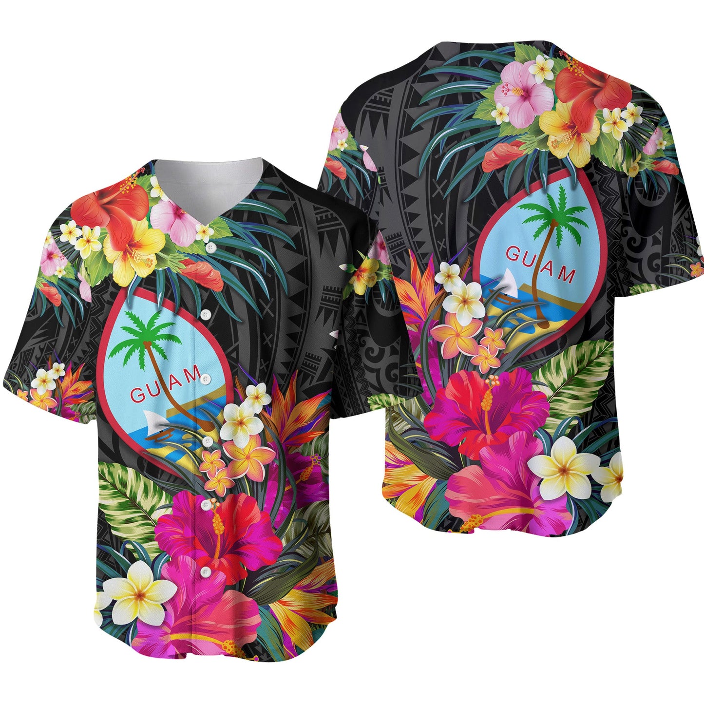 Guam Polynesian Baseball Jersey Tropical Flowers Colorful Vibes