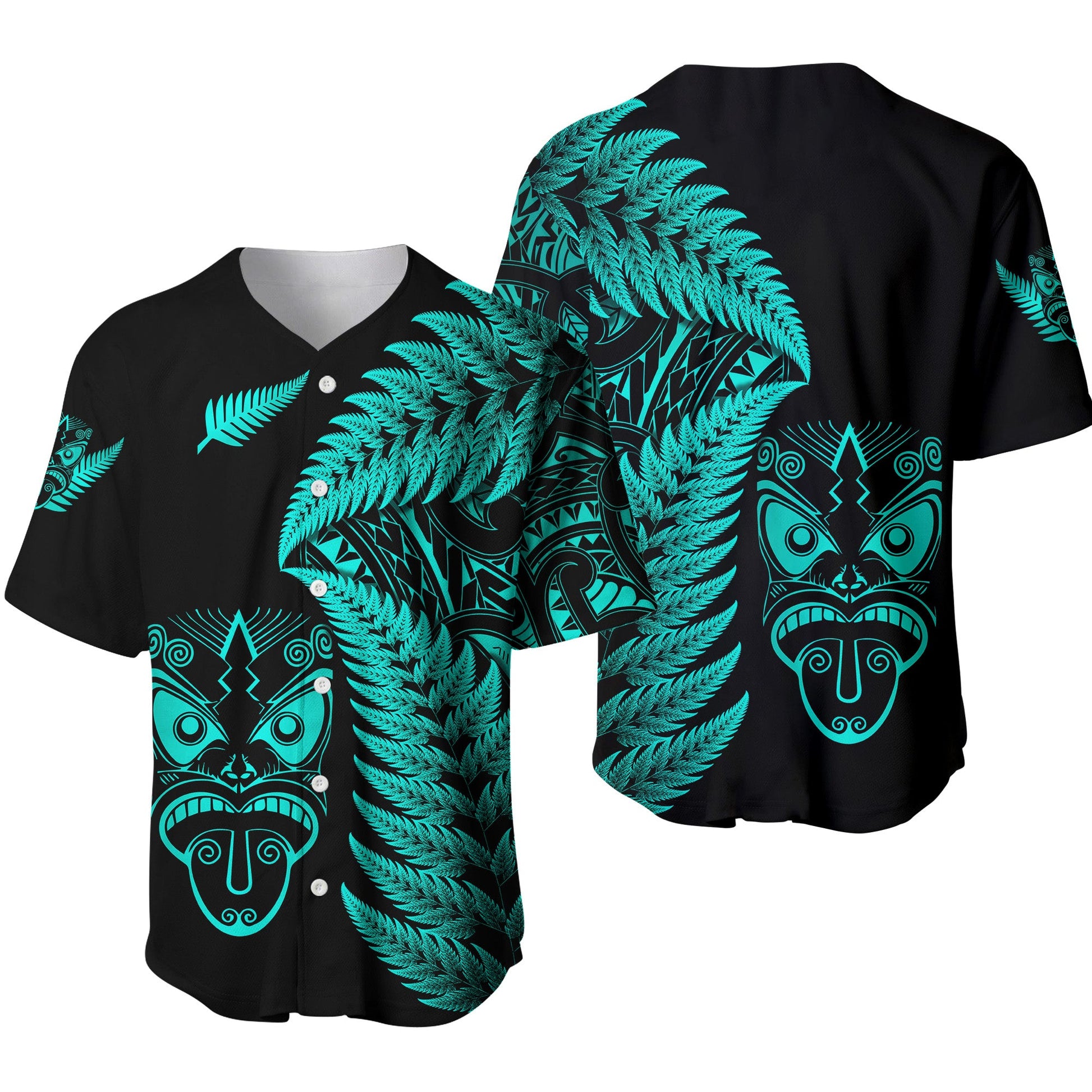 New Zealand Haka Rugby Maori Baseball Jersey Silver Fern Vibes Turquoise