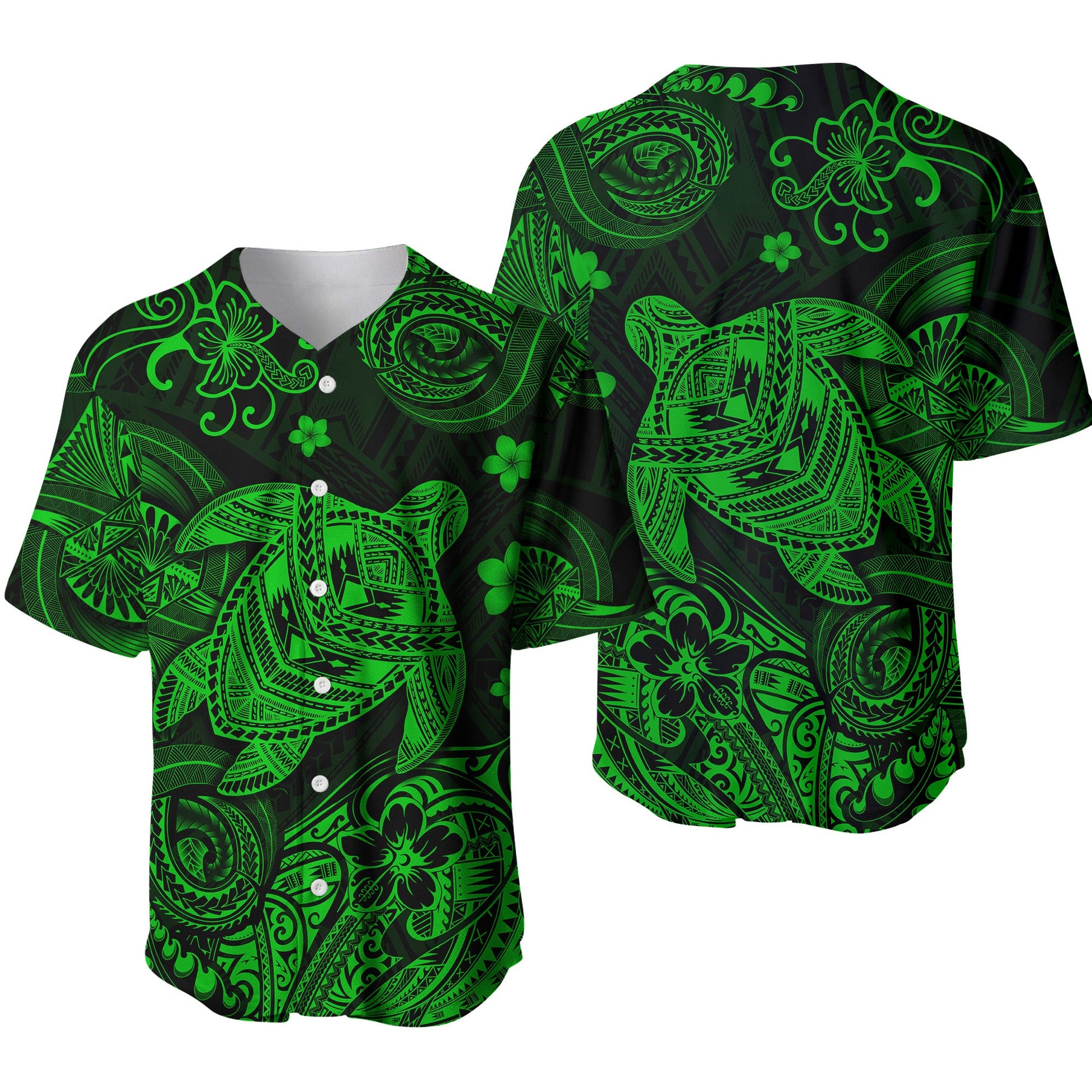 Hawaii Turtle Polynesian Baseball Jersey Plumeria Flower Unique Style Green