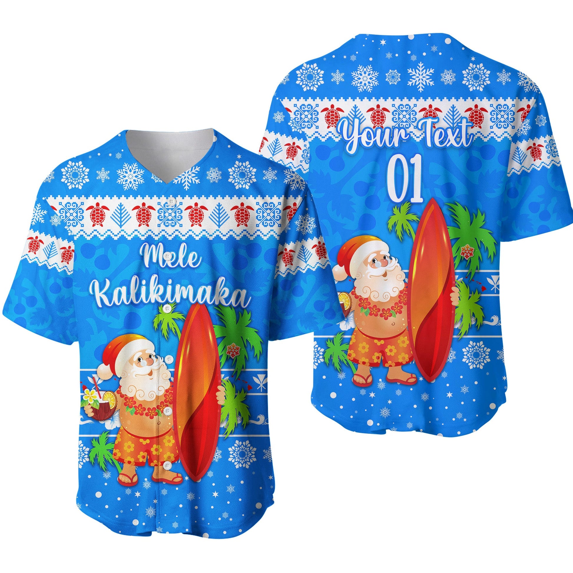 (Custom Personalised) Hawaii Christmas Baseball Jersey Santa Claus Surfing Simple Style Blue