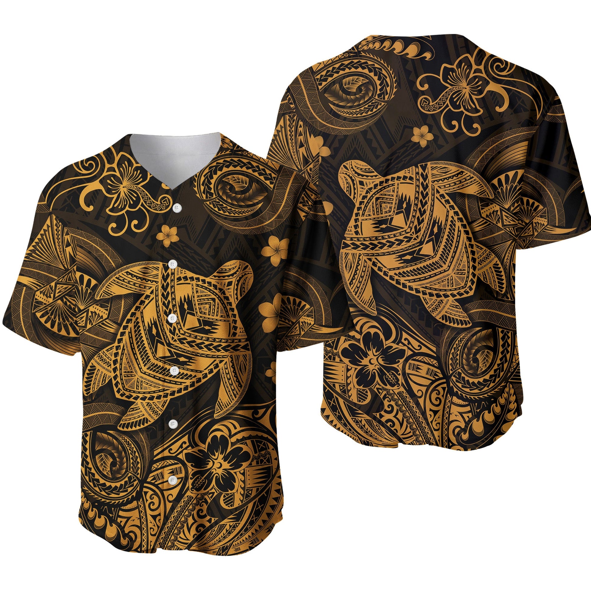 Hawaii Turtle Polynesian Baseball Jersey Plumeria Flower Unique Style Gold