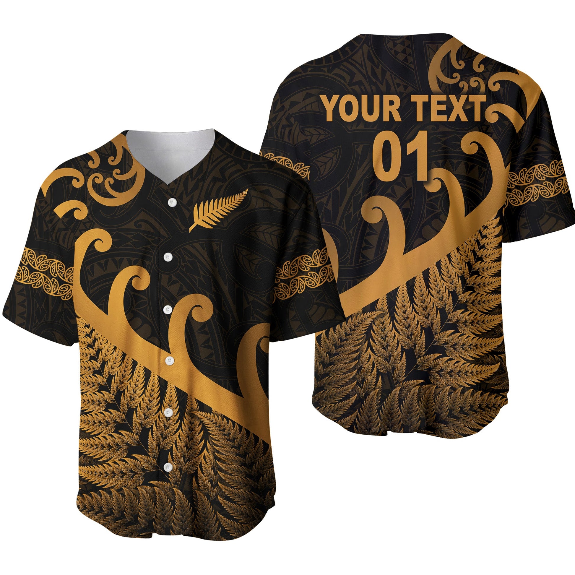 (Custom Personalised) New Zealand Rugby Maori Baseball Jersey Silver Fern Koru Vibes Gold