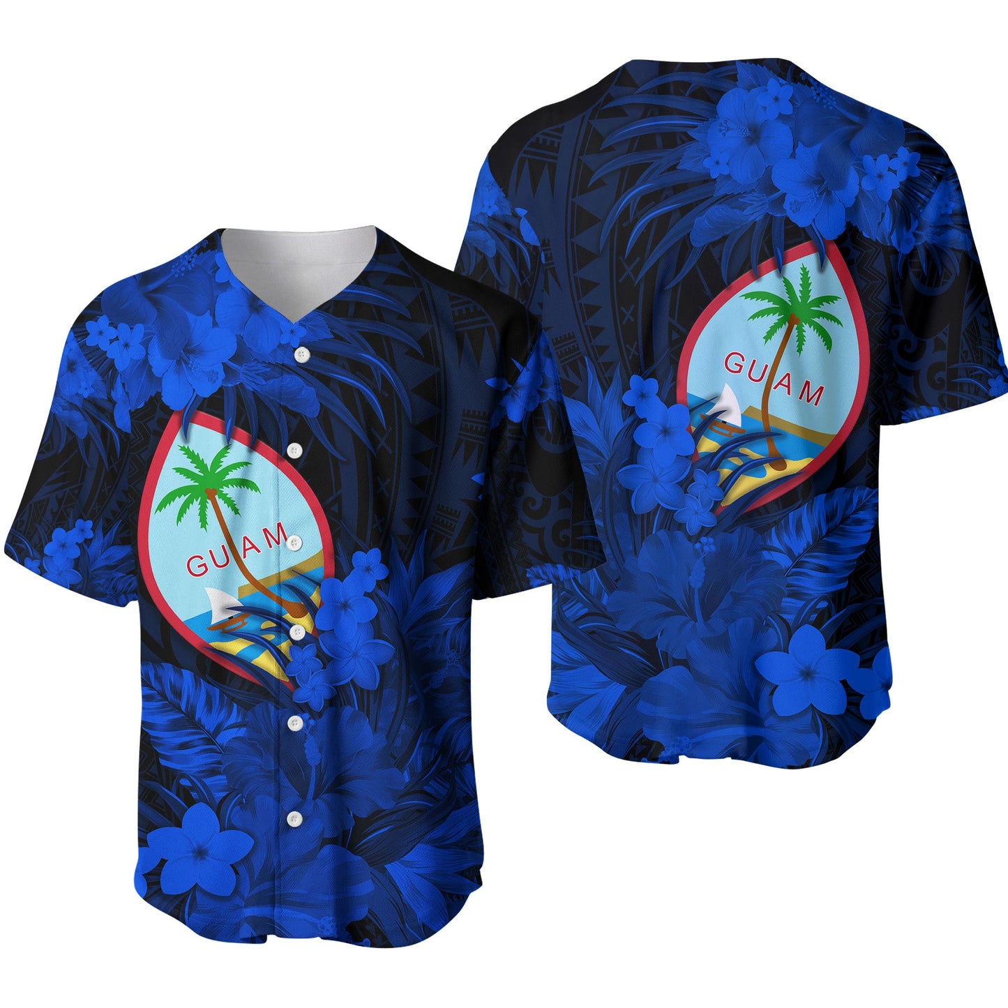 Guam Polynesian Baseball Jersey Tropical Flowers Blue