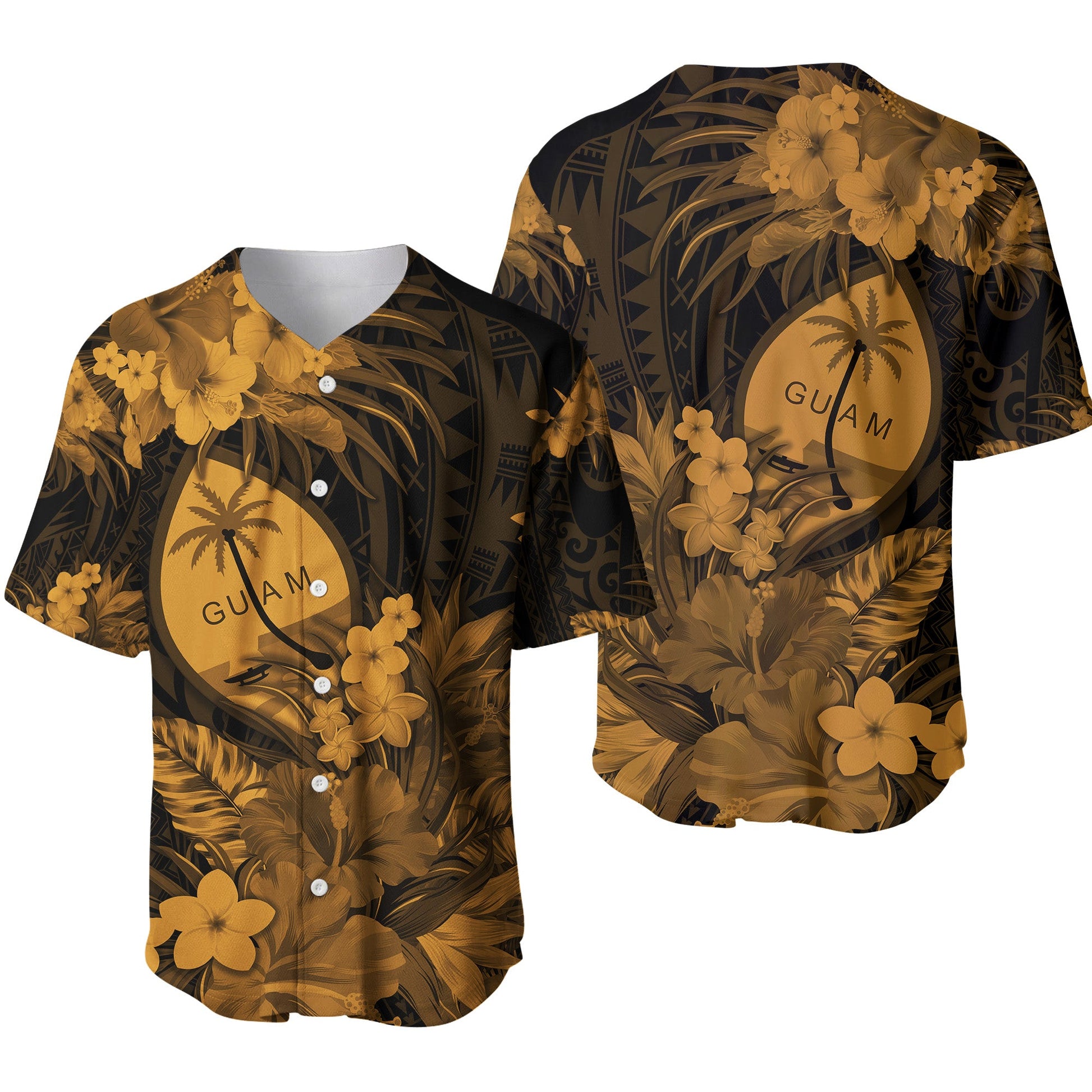Guam Polynesian Baseball Jersey Tropical Flowers Tan