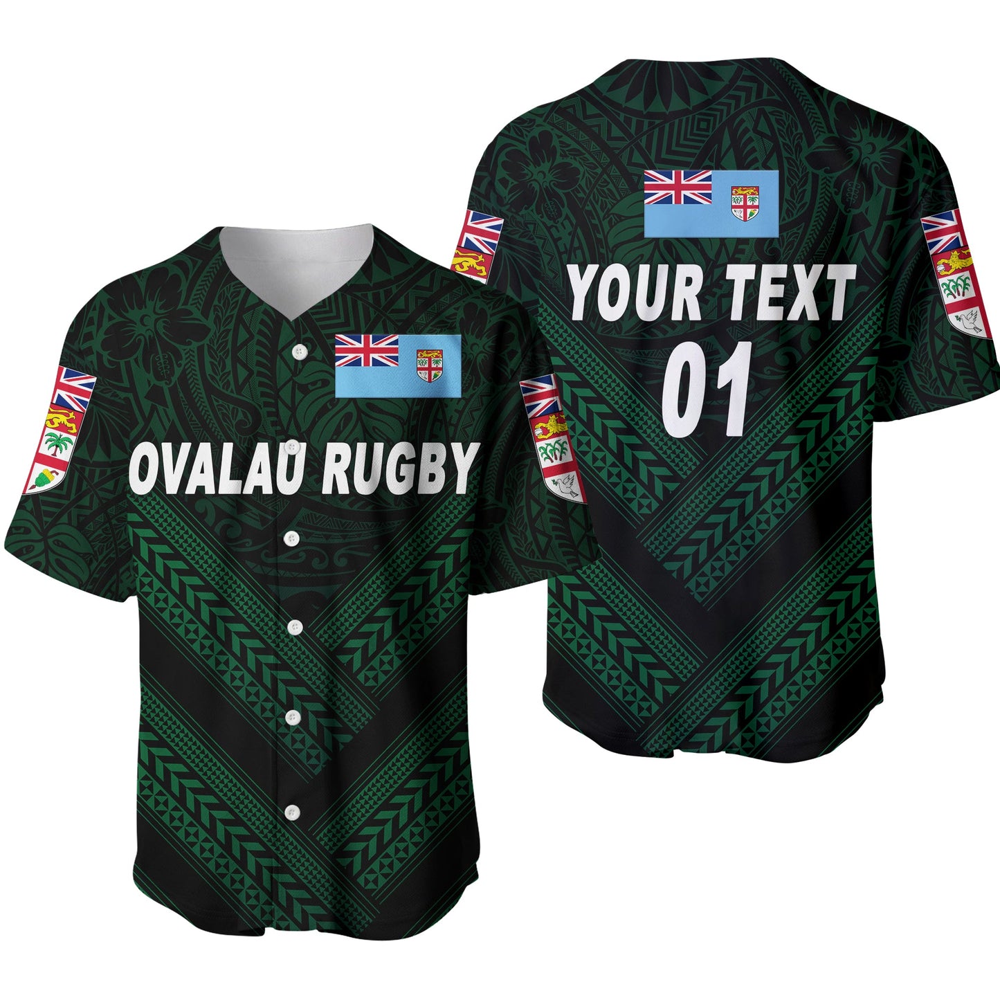 (Custom Personalised) Fiji Ovalau Rugby Baseball Jersey Dark Green Style, Custom Text And Number