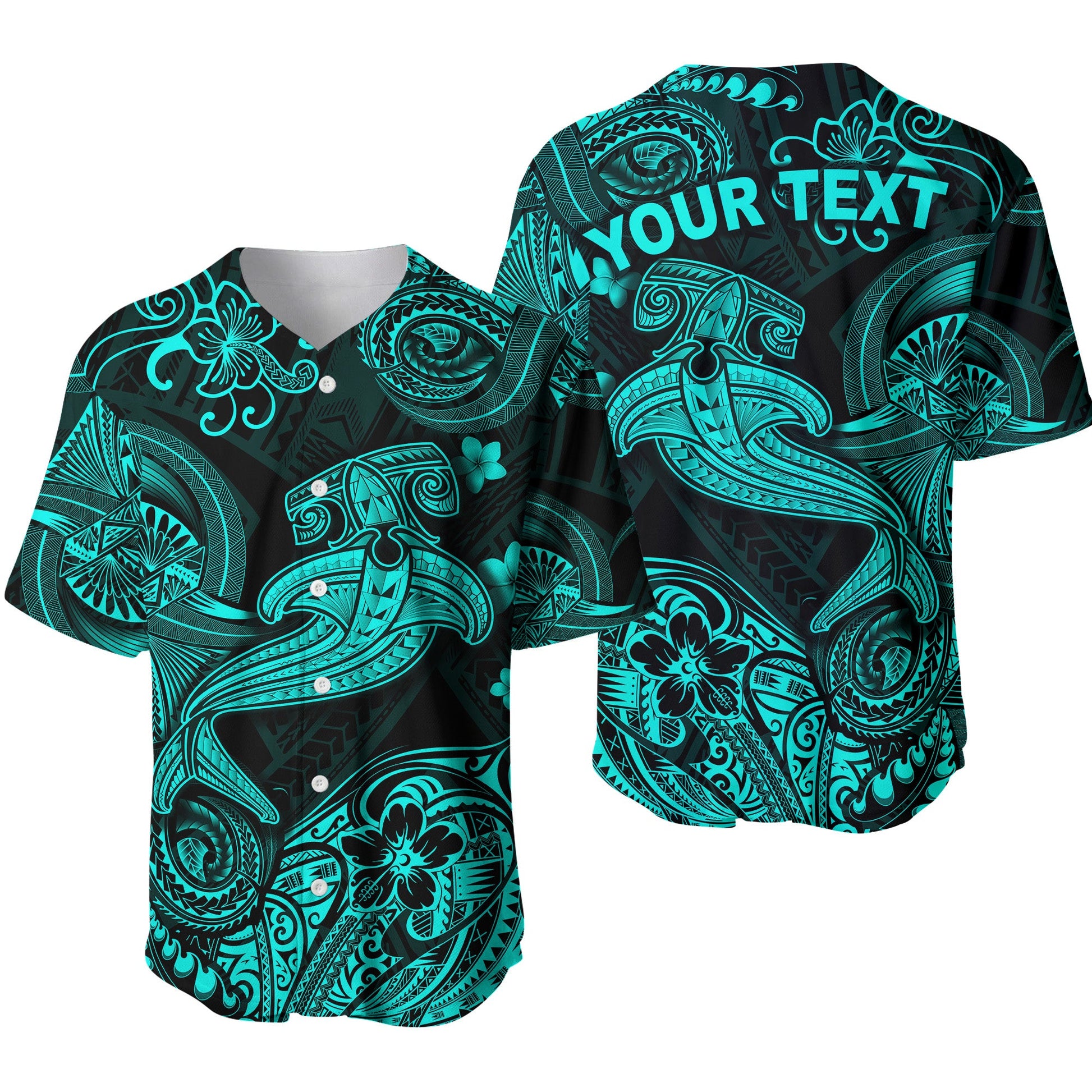 (Custom Personalised) Hawaii Hammer Shark Polynesian Baseball Jersey Unique Style Turquoise