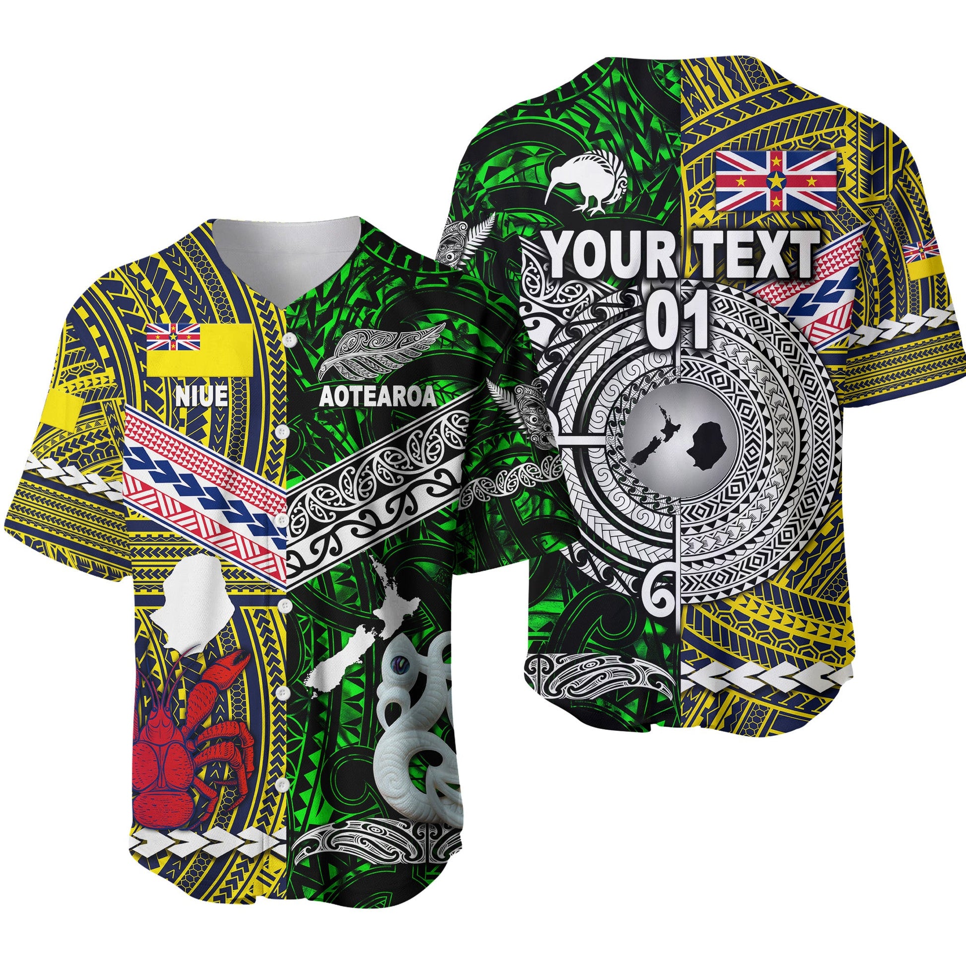 (Custom Personalised) New Zealand Maori Aotearoa And Niue Together Baseball Jersey Green, Custom Text And Number