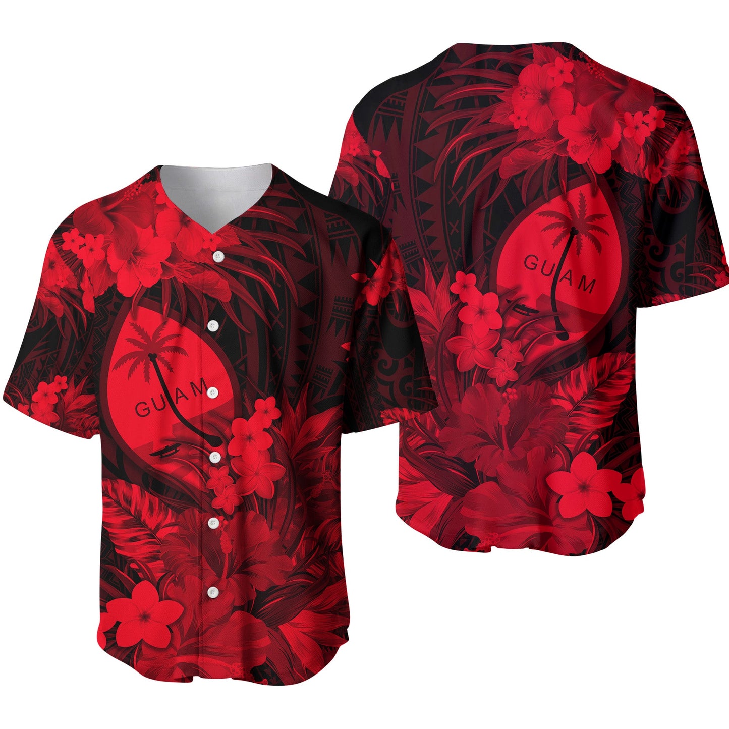 Guam Polynesian Baseball Jersey Tropical Flowers Red