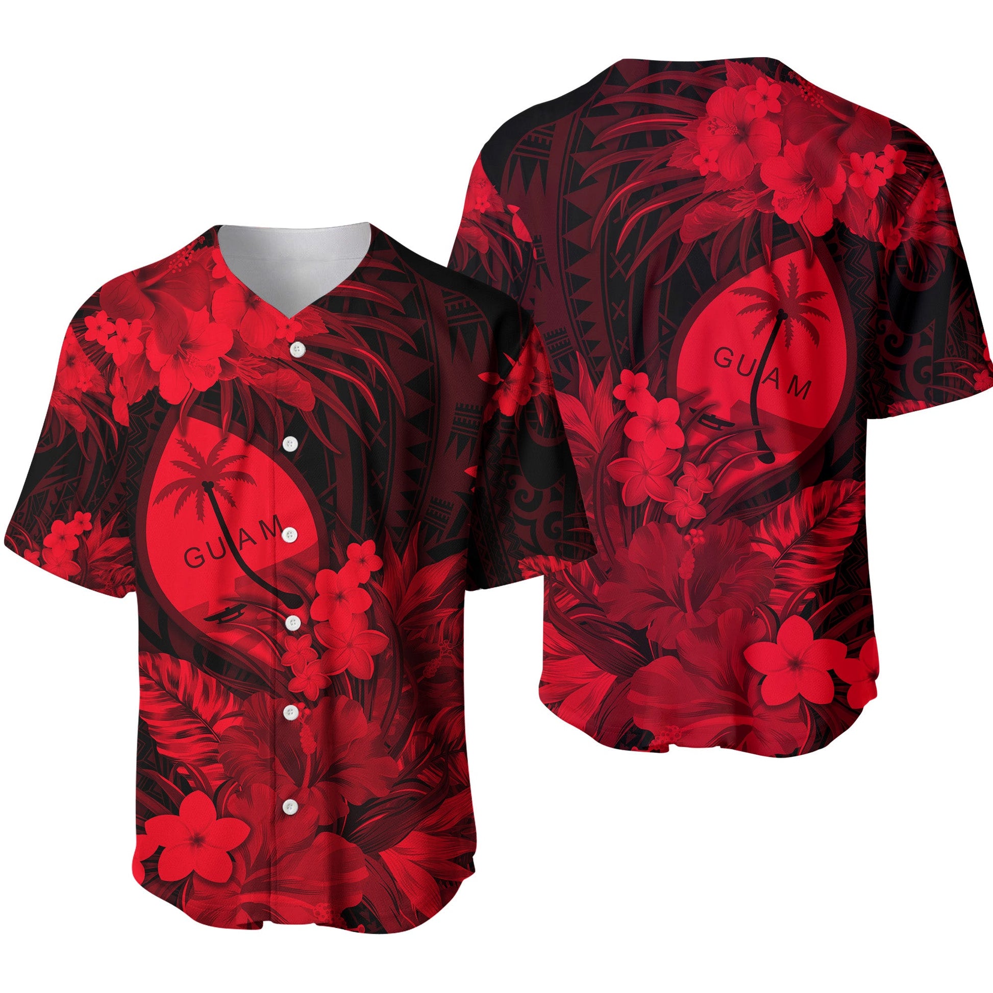 Guam Polynesian Baseball Jersey Tropical Flowers Red