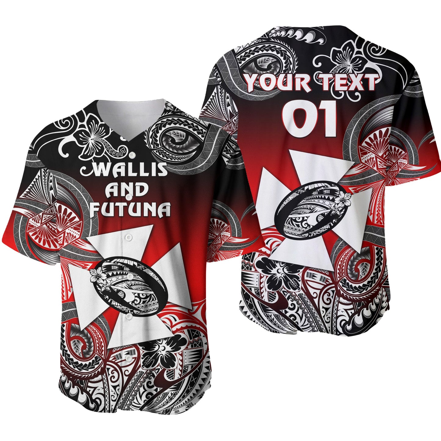 (Custom Personalised) Wallis and Futuna Polynesian Baseball Jersey Unique Style Gradient Red Black