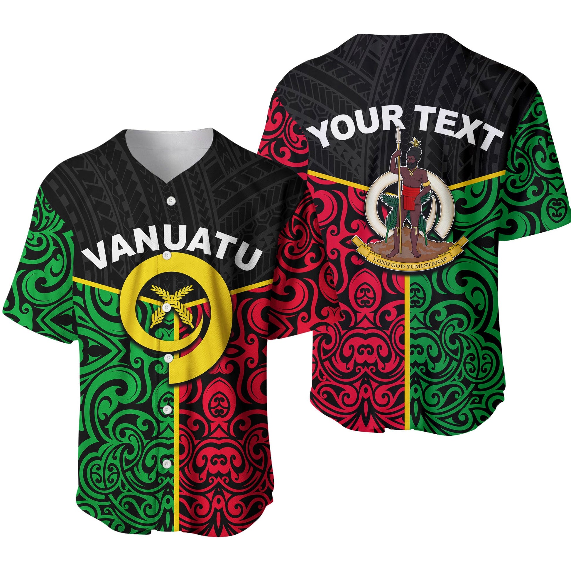 (Custom Personalised) Vanuatu Baseball Jersey Polynesian Patterns Mix Flag