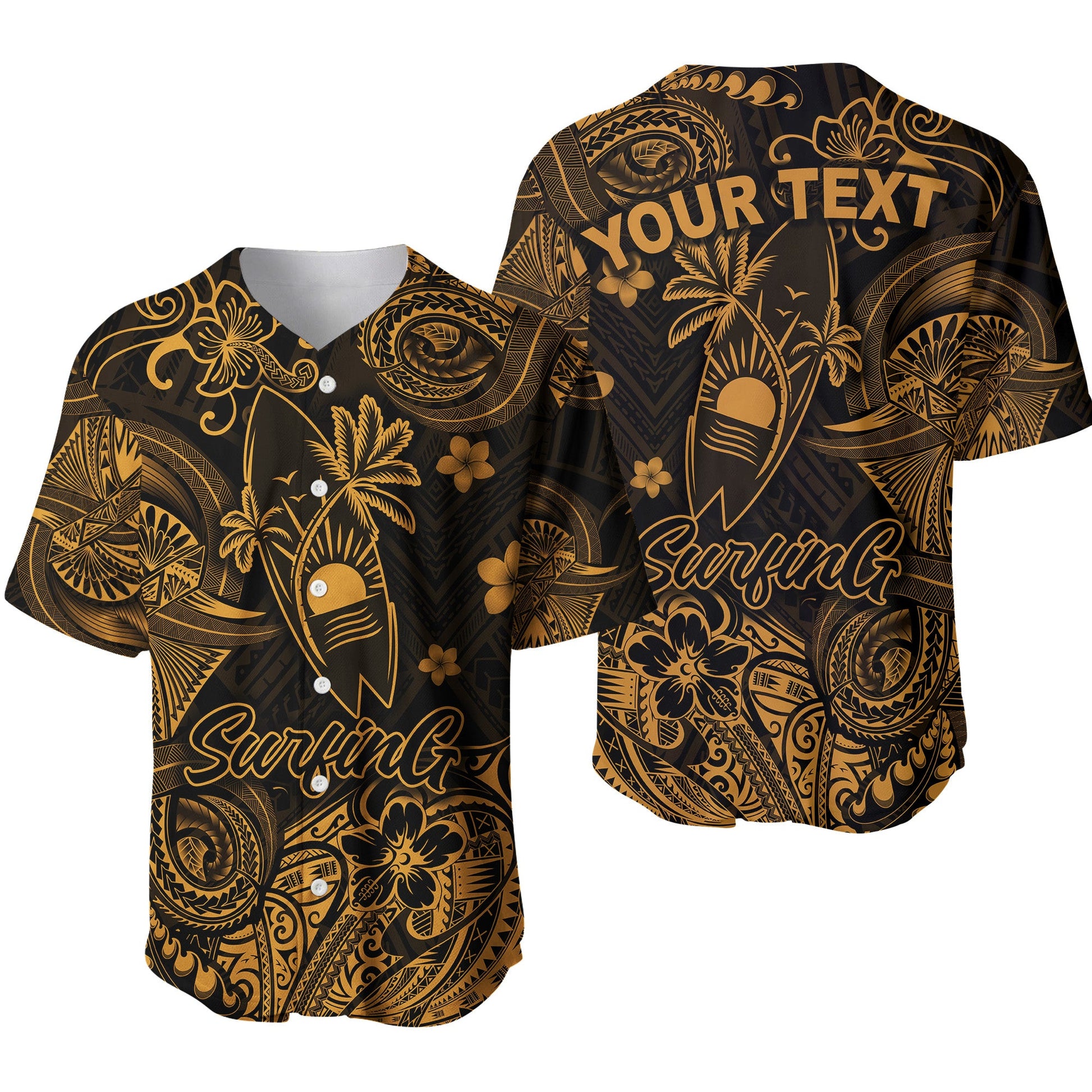 (Custom Personalised) Hawaii Surfing Polynesian Baseball Jersey Unique Style Gold