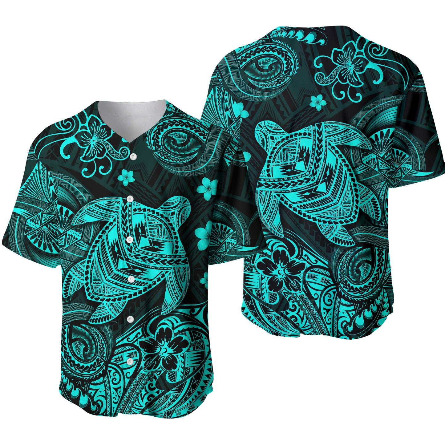 Hawaii Turtle Polynesian Baseball Jersey Plumeria Flower Unique Style Turquoise