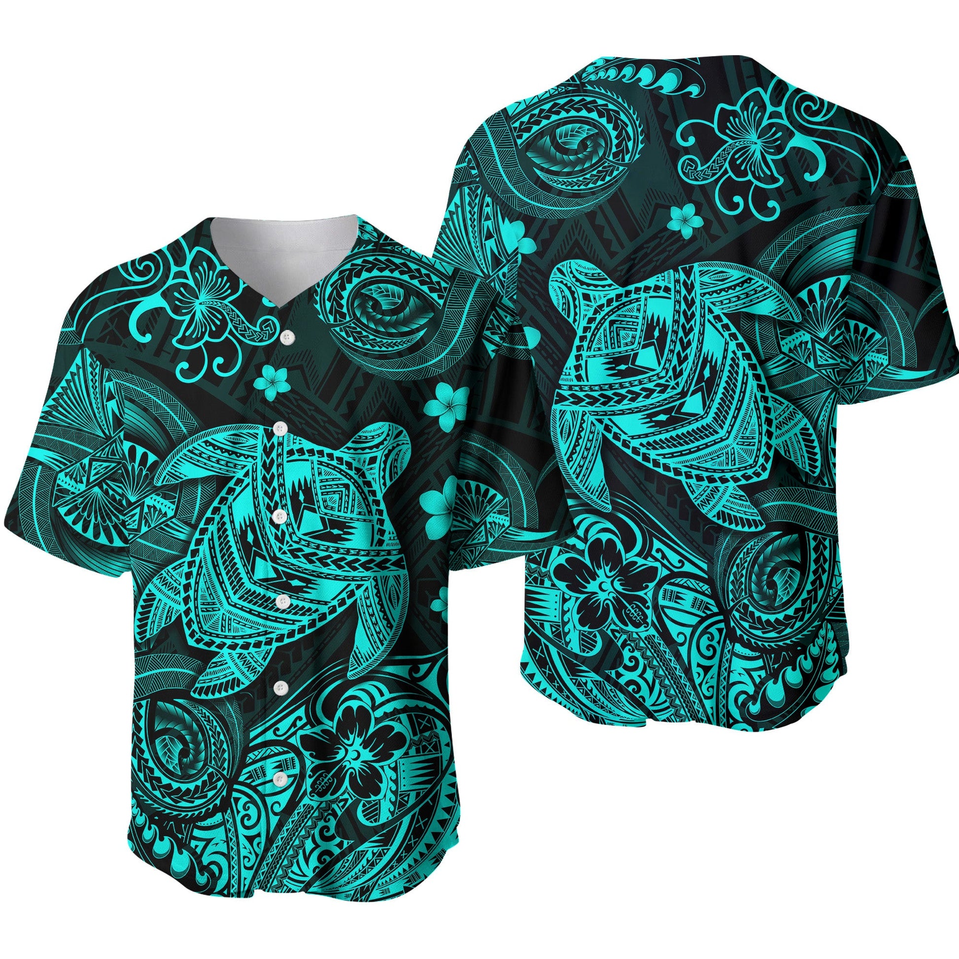 Hawaii Turtle Polynesian Baseball Jersey Plumeria Flower Unique Style Turquoise