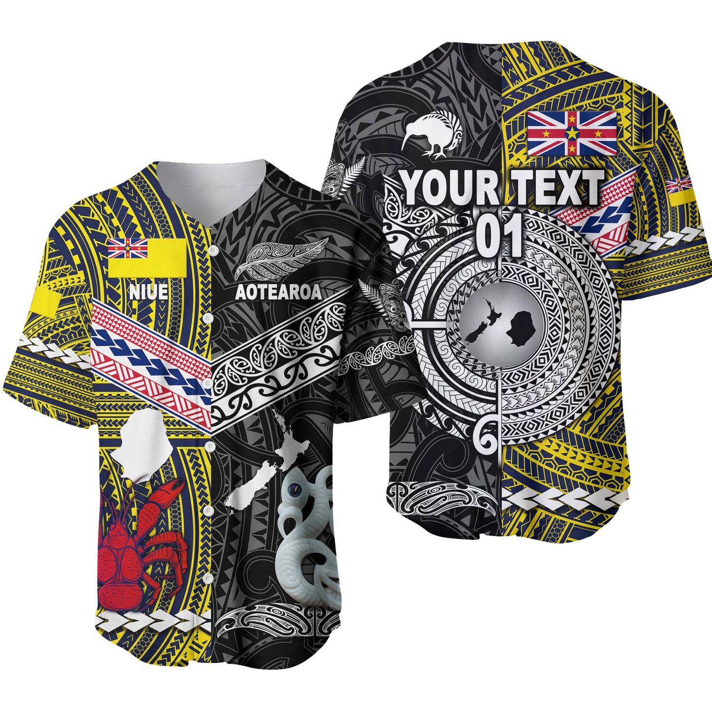 (Custom Personalised) New Zealand Maori Aotearoa And Niue Together Baseball Jersey Black, Custom Text And Number