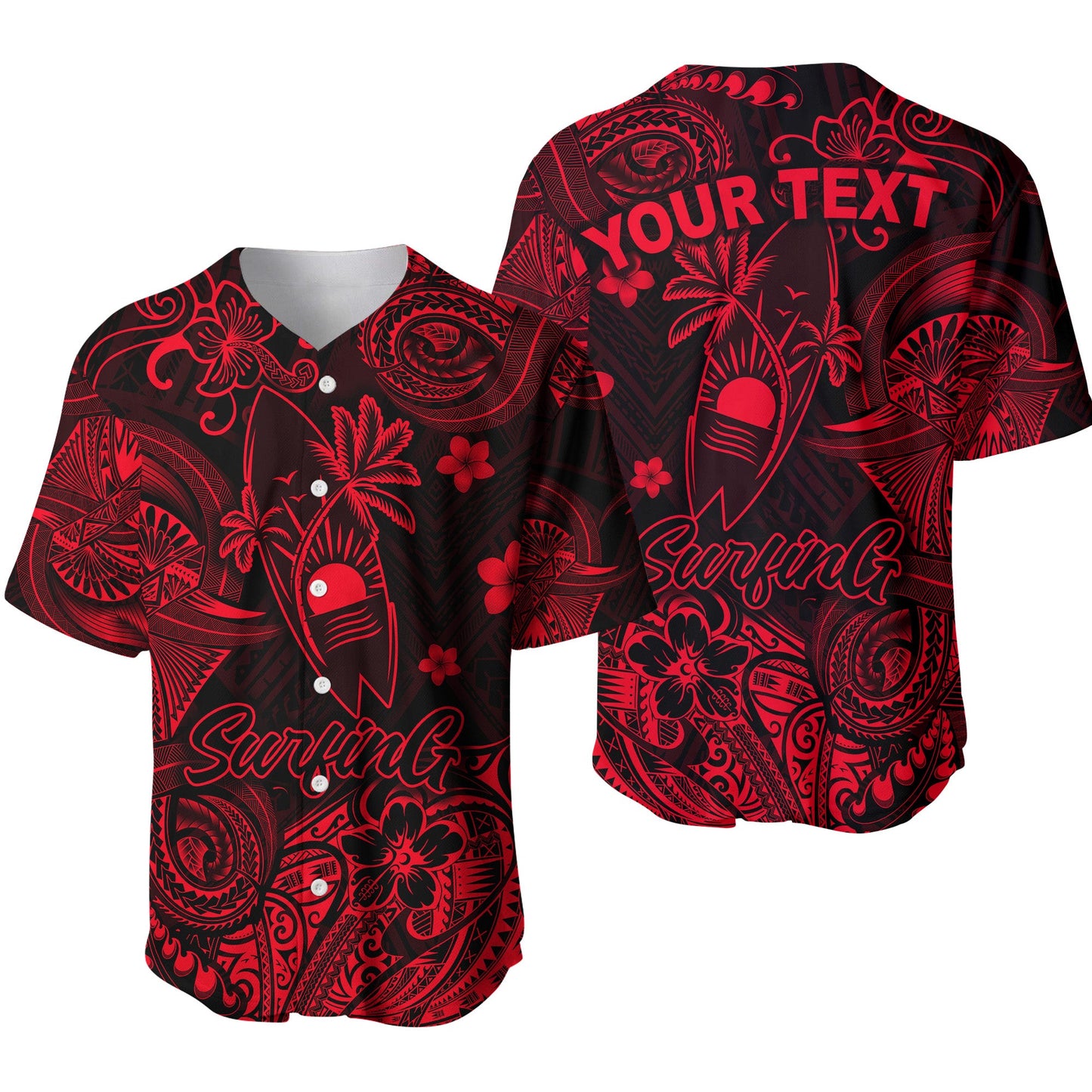 (Custom Personalised) Hawaii Surfing Polynesian Baseball Jersey Unique Style Red