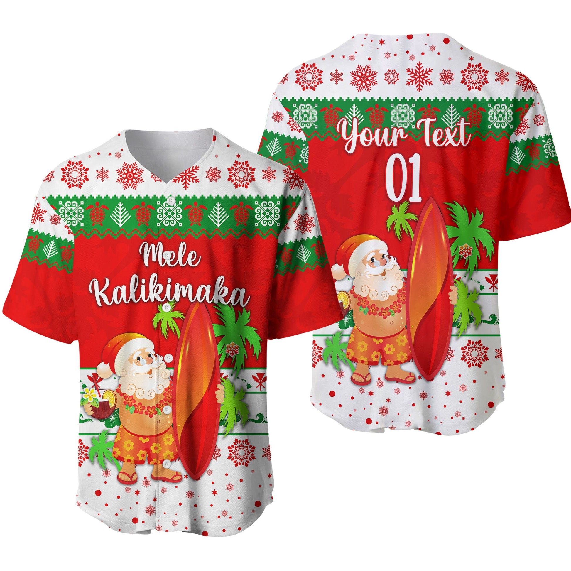 (Custom Personalised) Hawaii Christmas Baseball Jersey Santa Claus Surfing Simple Style White