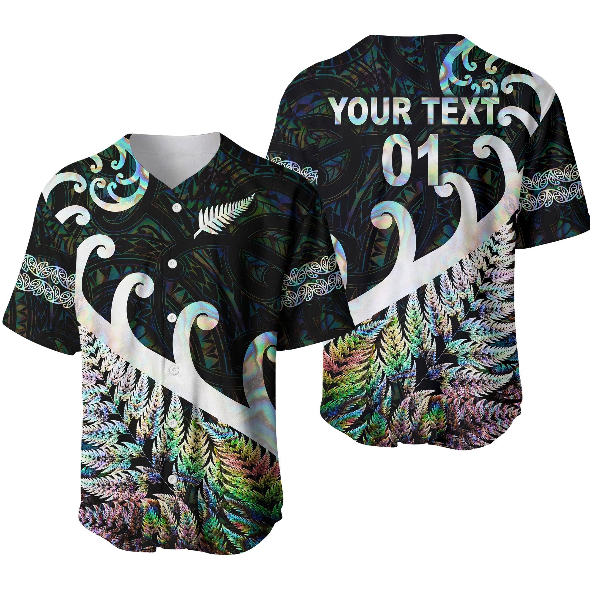 (Custom Personalised) New Zealand Rugby Maori Baseball Jersey Silver Fern Koru Vibes Paua Shell