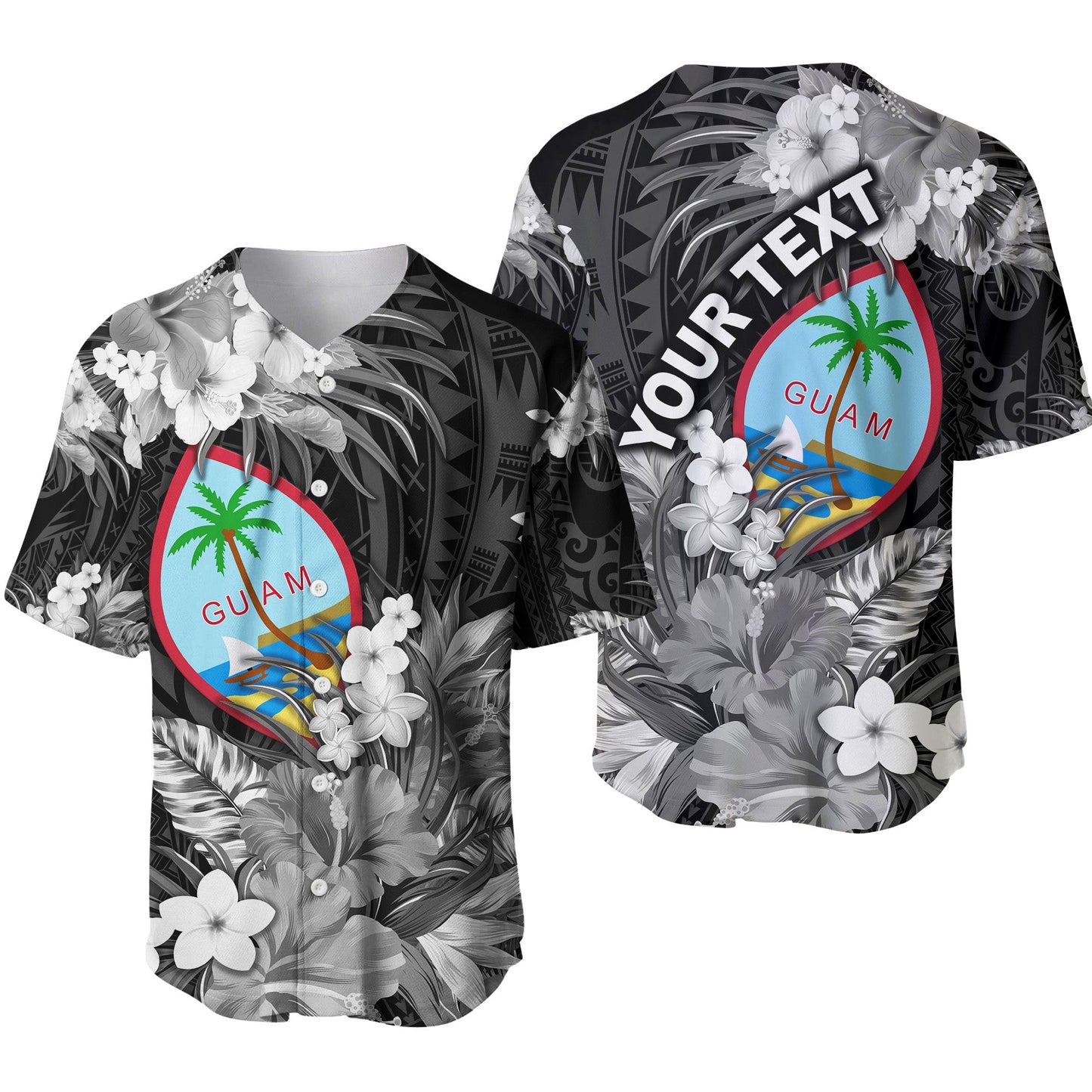 (Custom Personalised) Guam Polynesian Baseball Jersey Tropical Flowers Black