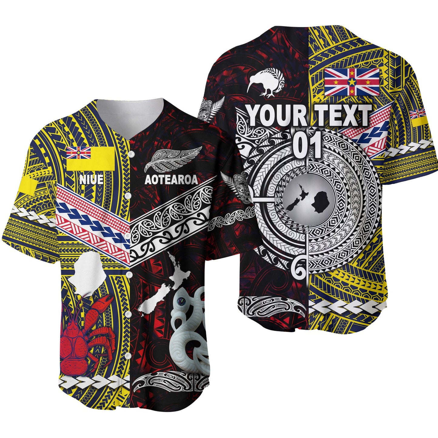 (Custom Personalised) New Zealand Maori Aotearoa And Niue Together Baseball Jersey Red, Custom Text And Number