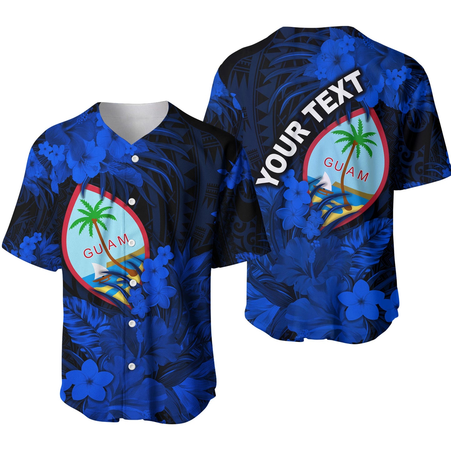 (Custom Personalised) Guam Polynesian Baseball Jersey Tropical Flowers Blue