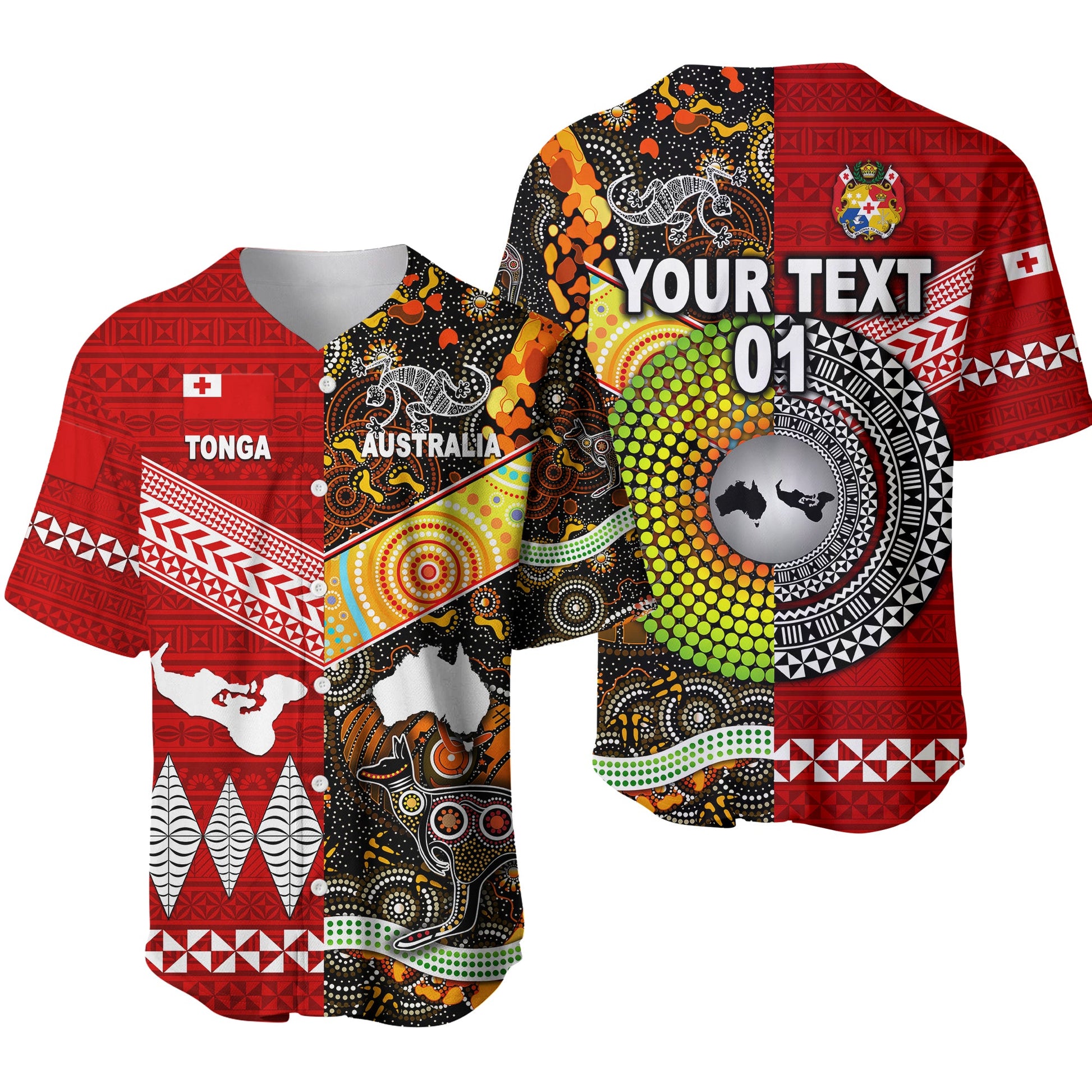 (Custom Personalised) Tonga Ngatu And Australia Aboriginal Baseball Jersey Together, Custom Text And Number